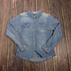 Ali Kris Womens Large Blue Denim Button Up Shirt Long Sleeve Snap Pockets